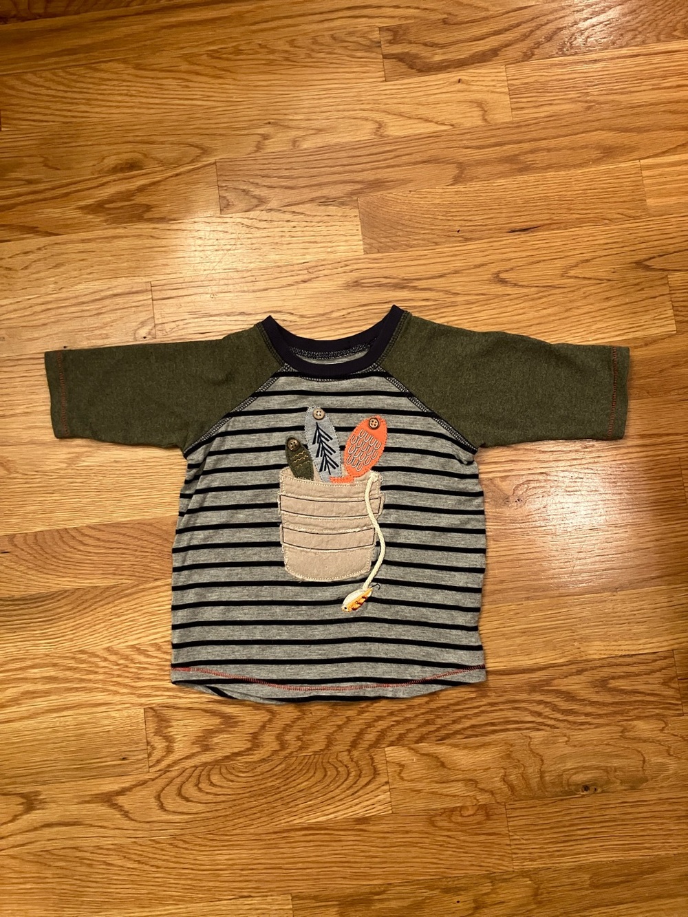 Mud Pie Striped Raglan Tee with Pocket Fish Appliqué - Olive/Gray/Navy